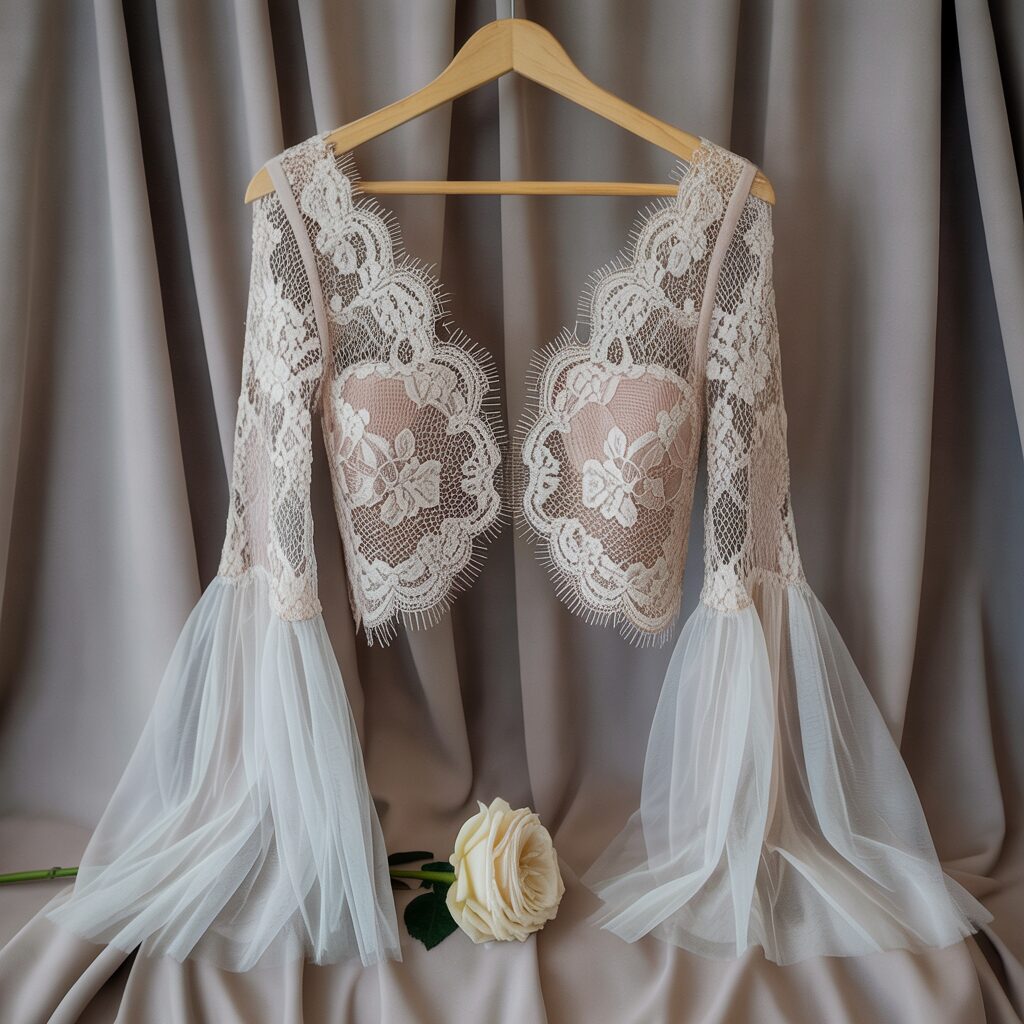 long lace sleeves and detachable tulle sleeves on a bridal hanger
