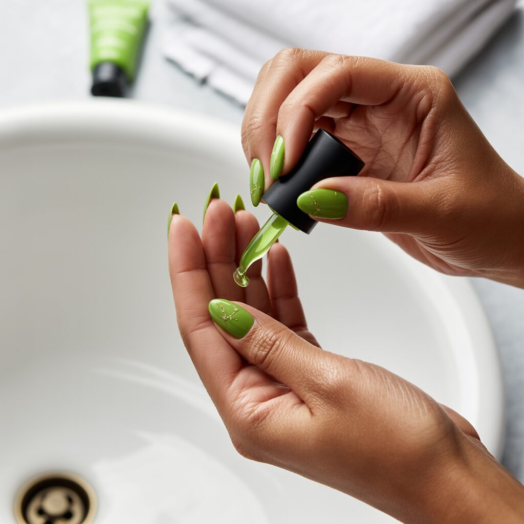Maintaining Grinch Christmas Nails with cuticle oil and hand care.