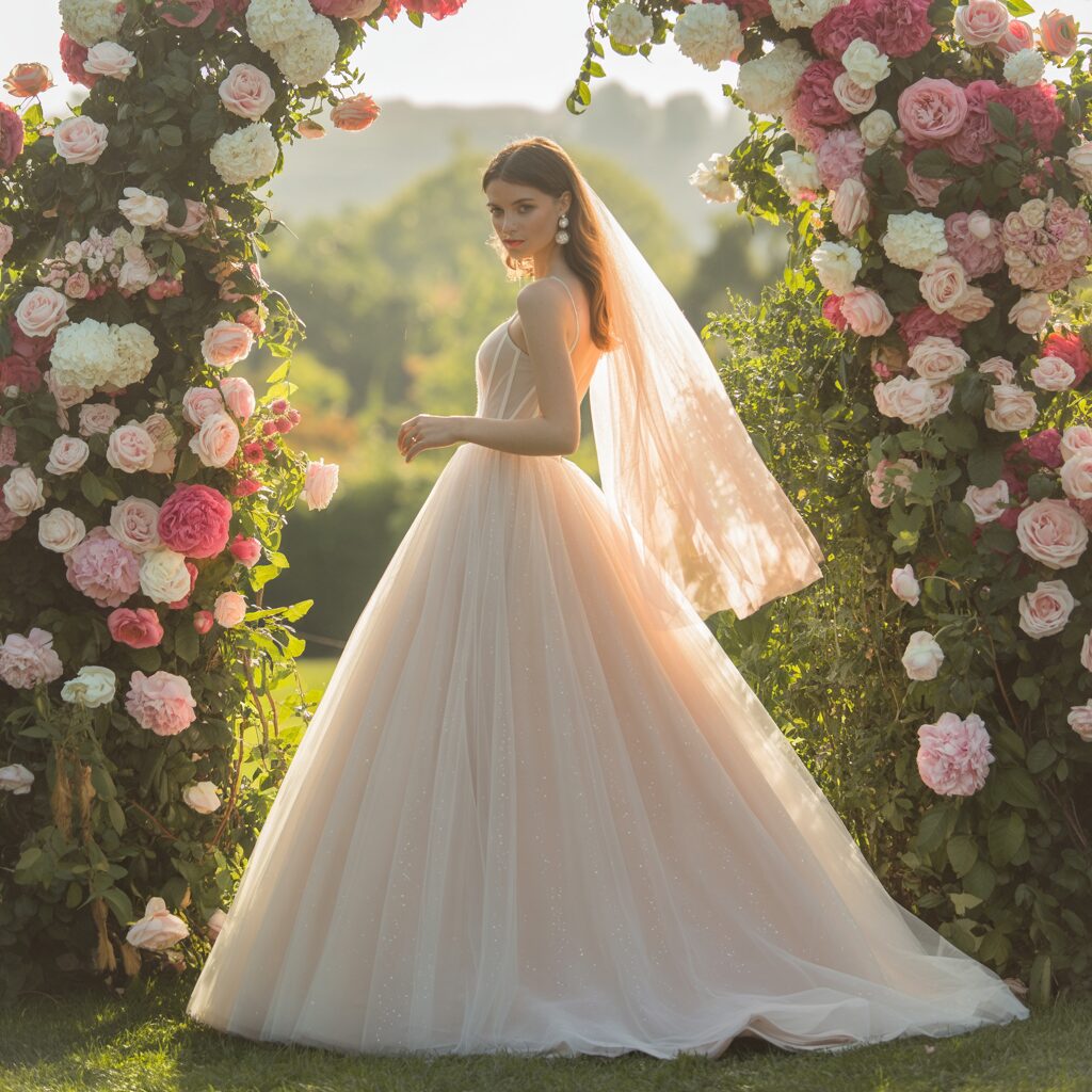 morilee divina wedding dress garden wedding styling