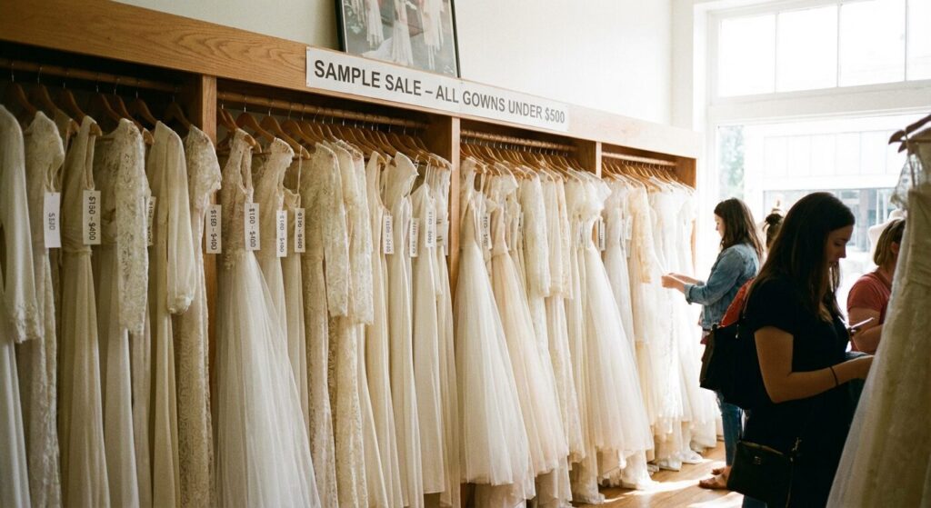 multiple affordable wedding dresses on rack