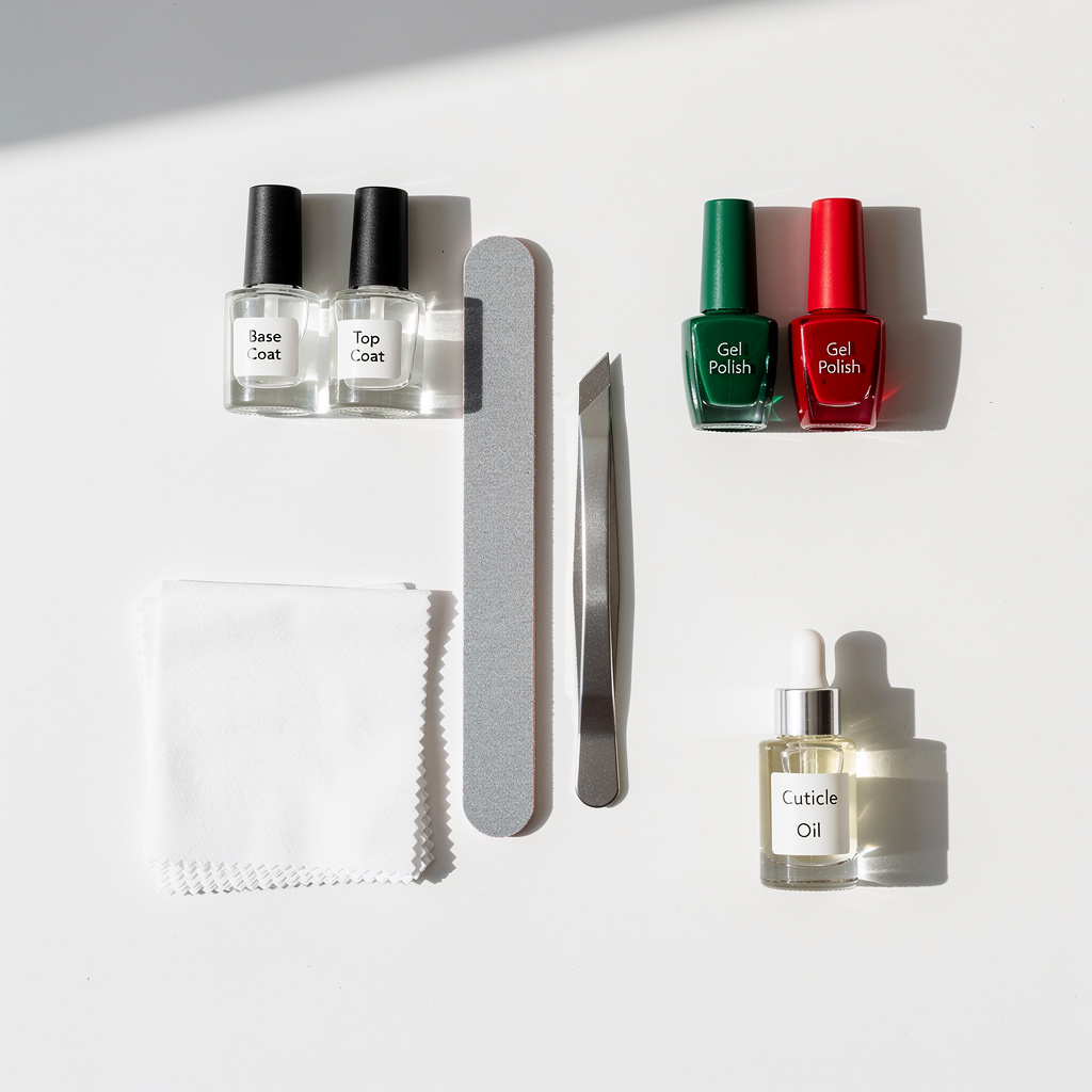 Nail prep tools and polish setup for Grinch Christmas Nails