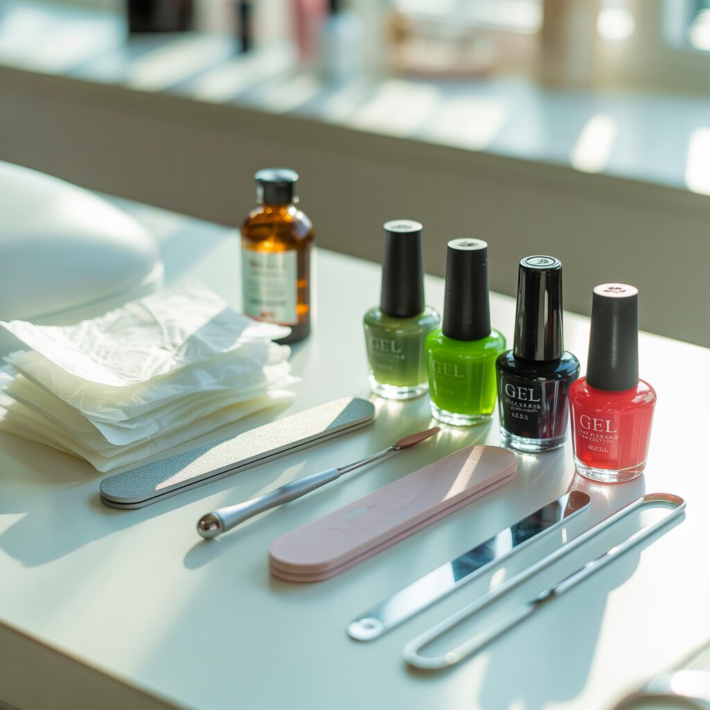 Nail prep tools and polish setup for Grinch Christmas Nails at home.