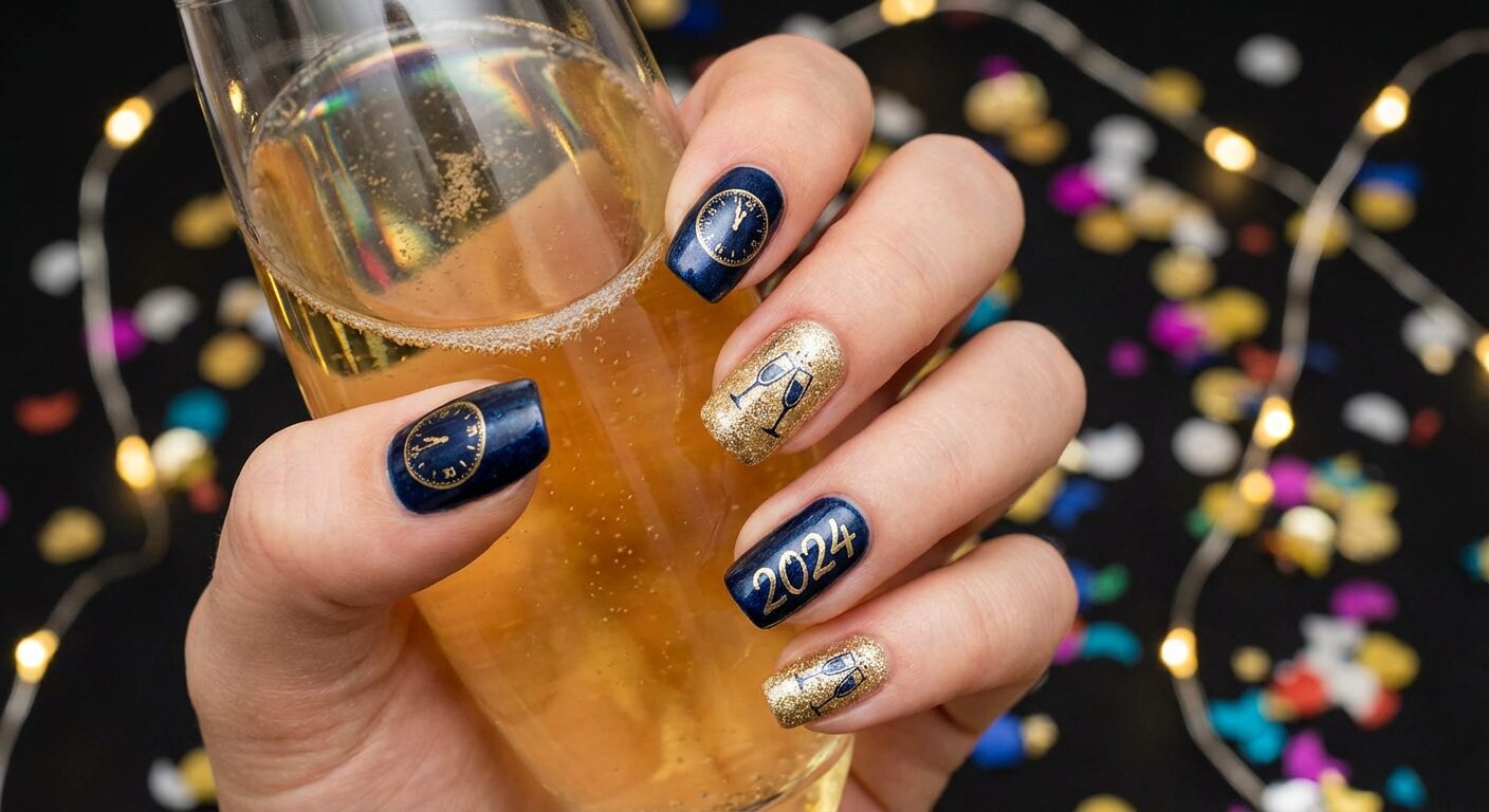Sparkly gold and black New Year's Eve nails with glitter and rhinestones