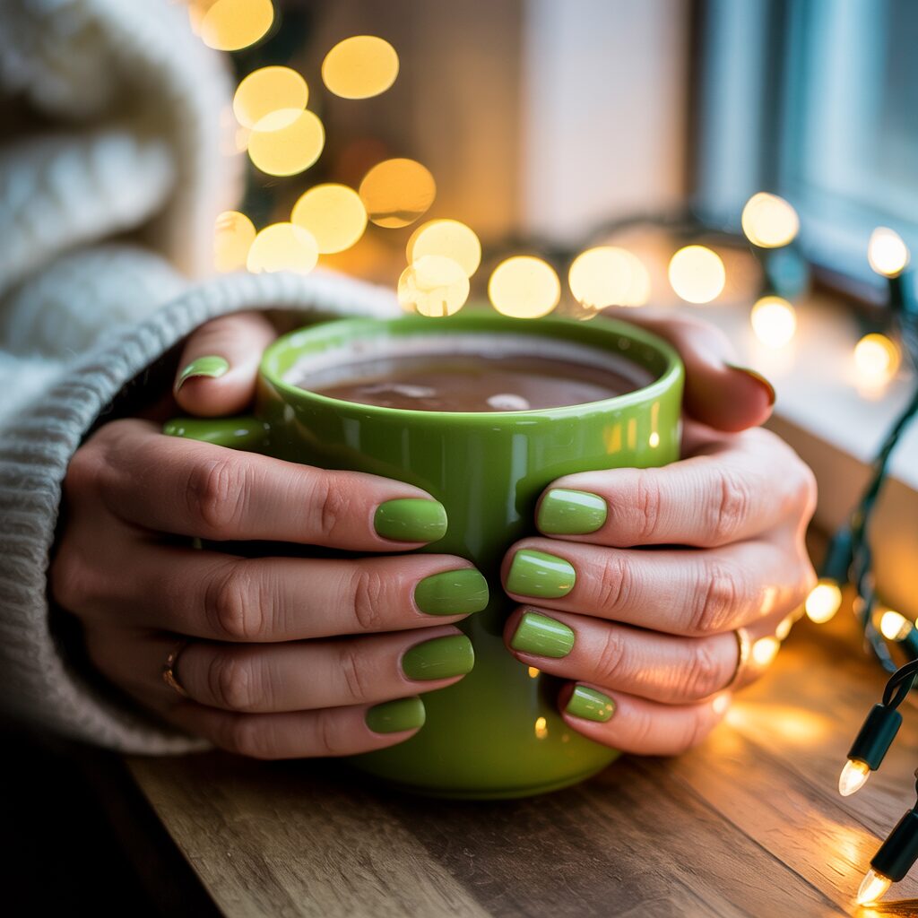 Pinterest style photo of Grinch Christmas Nails holding a hot cocoa mug with holiday lights.