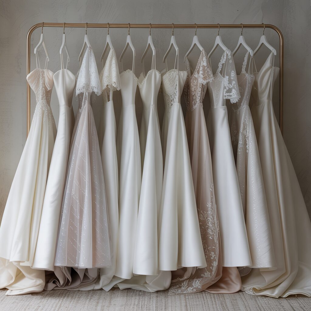 rack of affordable bridal gowns in soft white tones