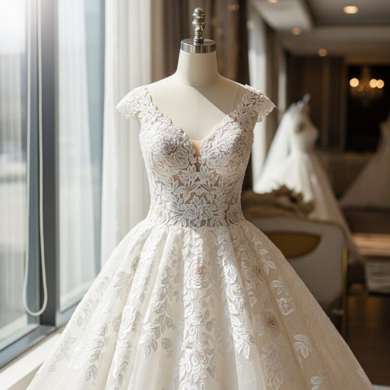 romantic wedding dress lace ballgown with floral details