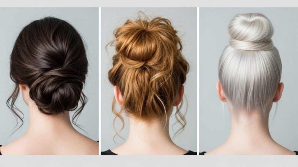 Three women demonstrating low messy and high bun hairstyle variations