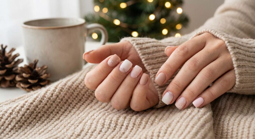 simple christmas nails 2025 in nude white and pinkpng