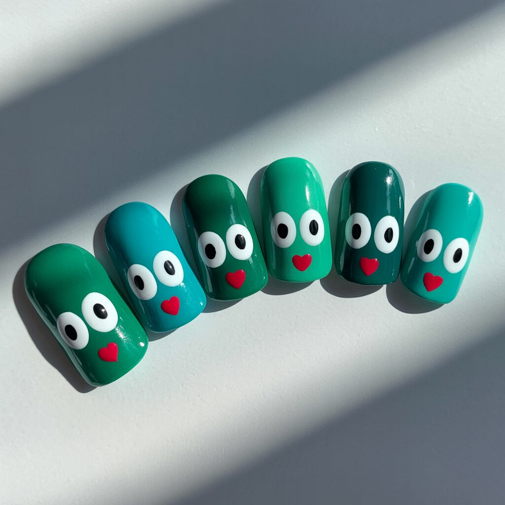 Step by step simple Grinch nail art tutorial on nail tips.