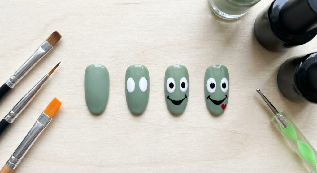 simple Grinch nail art tutorial on nail tips.