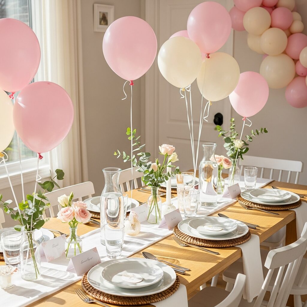 soft pastel themed bridal shower table