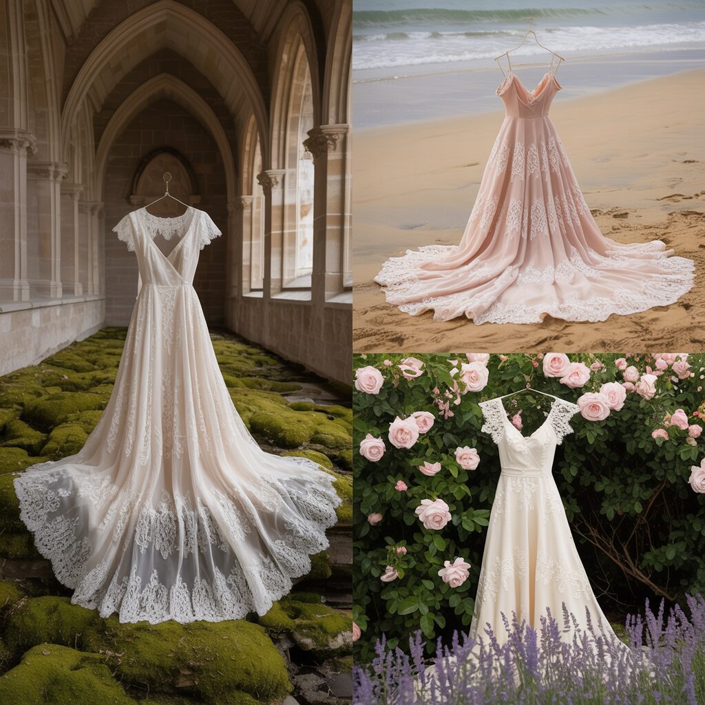 three lace dresses placed in garden church and beach themed settings