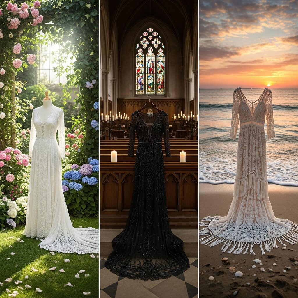 three lace dresses placed in garden church and beach themed