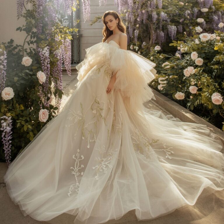 Tulle wedding dress 2025 feature image showing Watters Charlotte strapless Basque waist lace A line gown