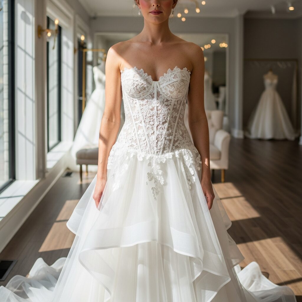 Strapless sweetheart tulle wedding dress look in a bridal salon setting