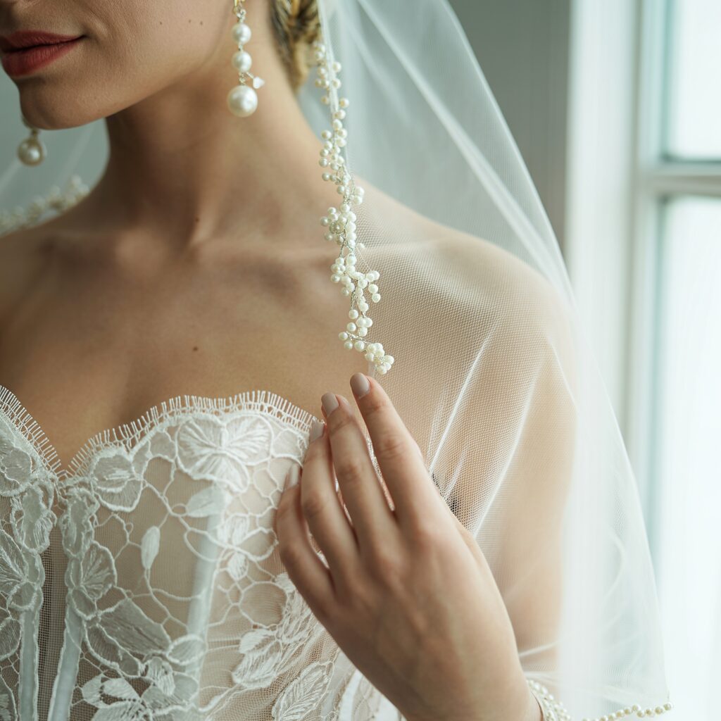 Styling details for a strapless tulle wedding dress with lace including veil jewelry and nails