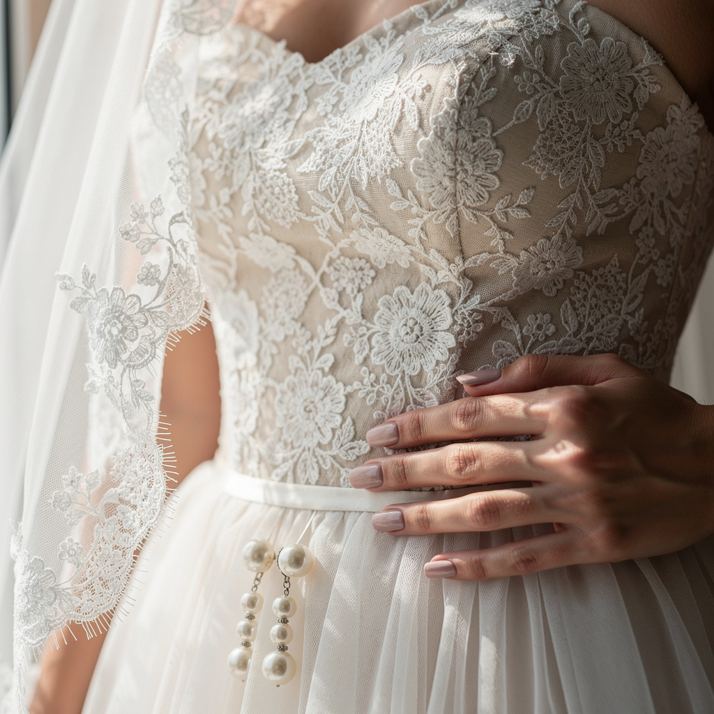 Styling details for a strapless tulle wedding dress with lace including veil jewelry and nails