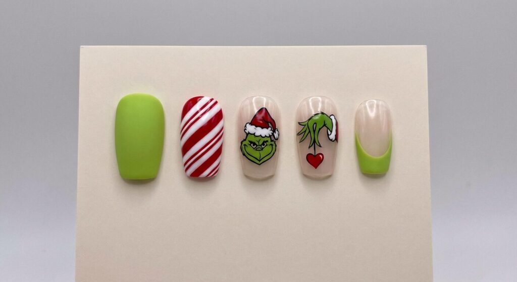 Five nail designs showing Grinch Christmas Nails