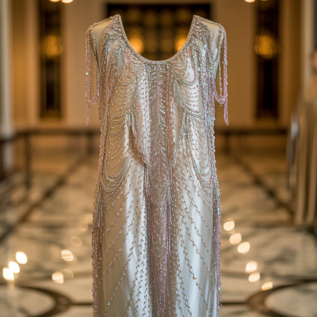 1920s beaded evening dress with hand-sewn glass beads creating a shimmering formal look