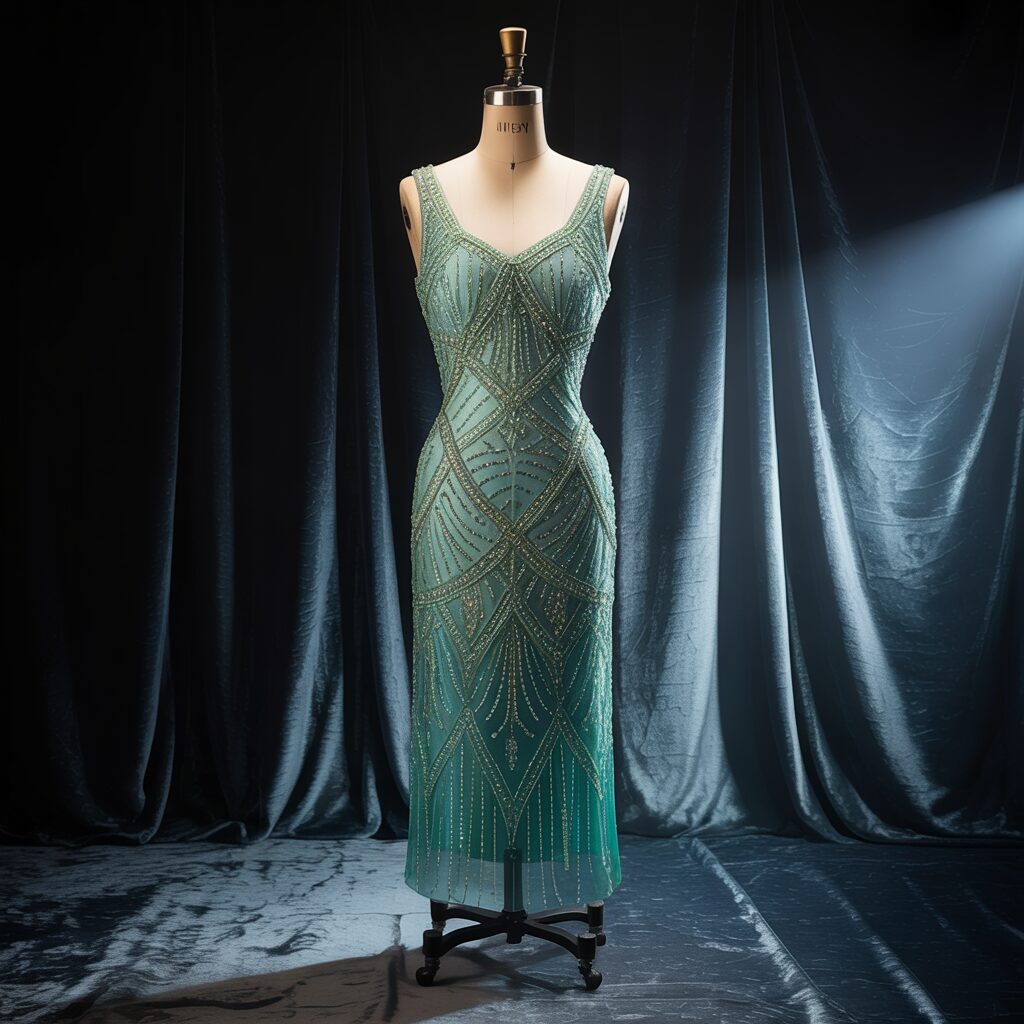 1920s beaded sheath dress with straight slim silhouette, exemplifying Jazz Age glamour