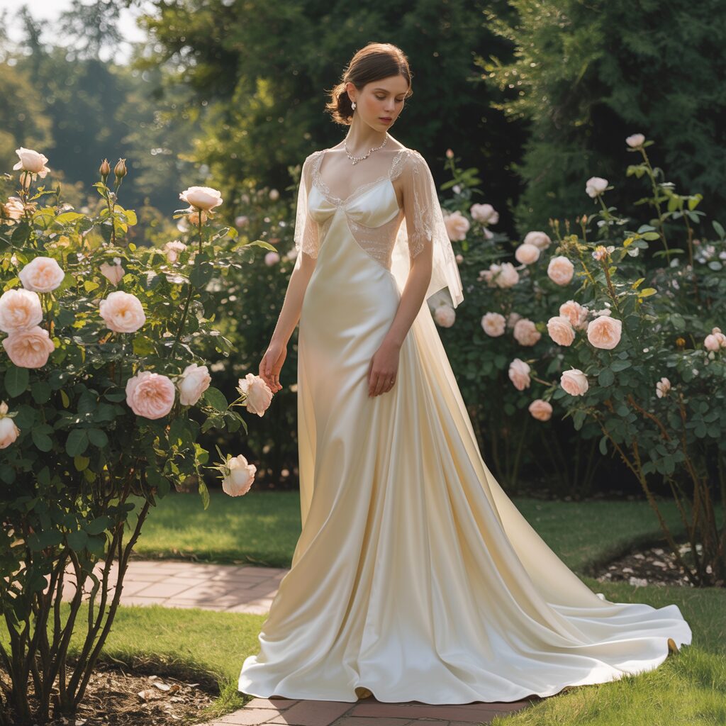 1920s bridal gown featuring ivory silk charmeuse, delicate lace overlays, and subtle beading for a vintage wedding look