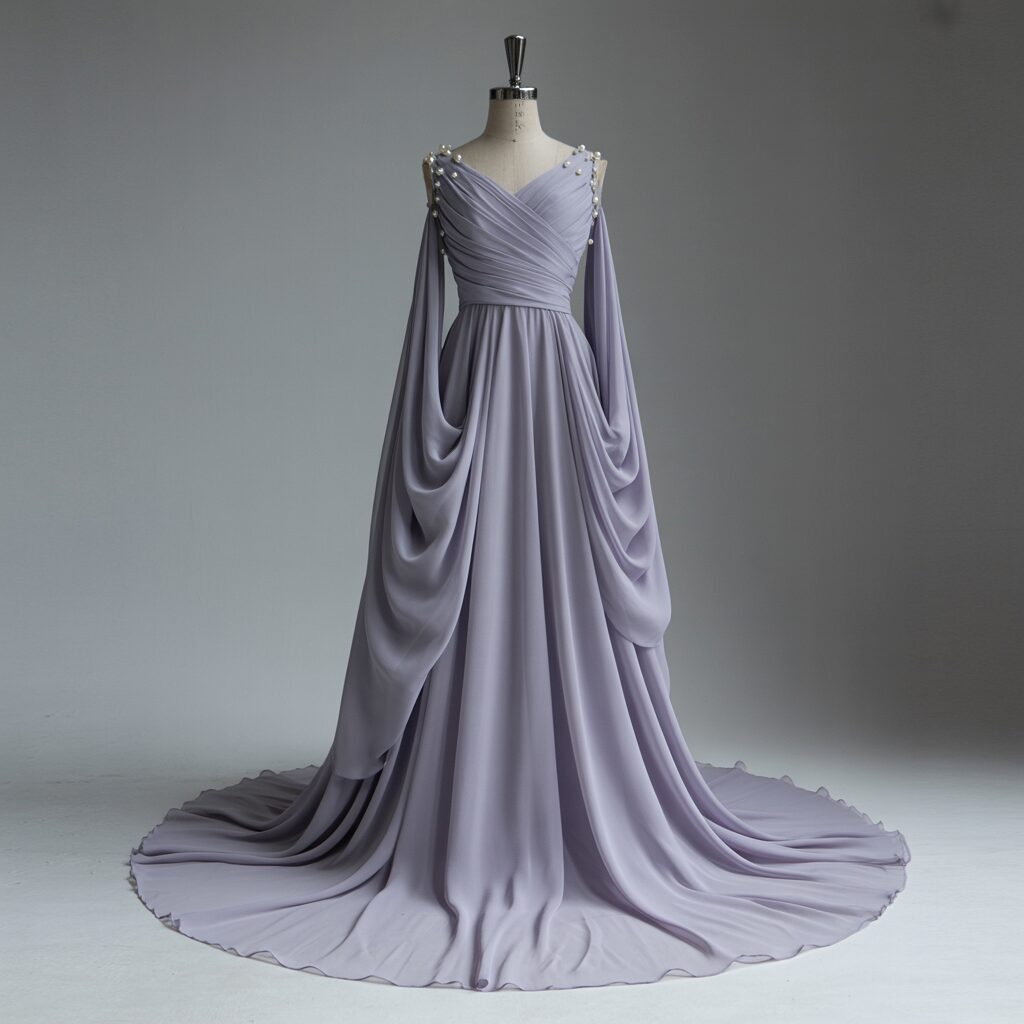 1920s chiffon evening gown with flowing layers, creating an ethereal look for formal occasions