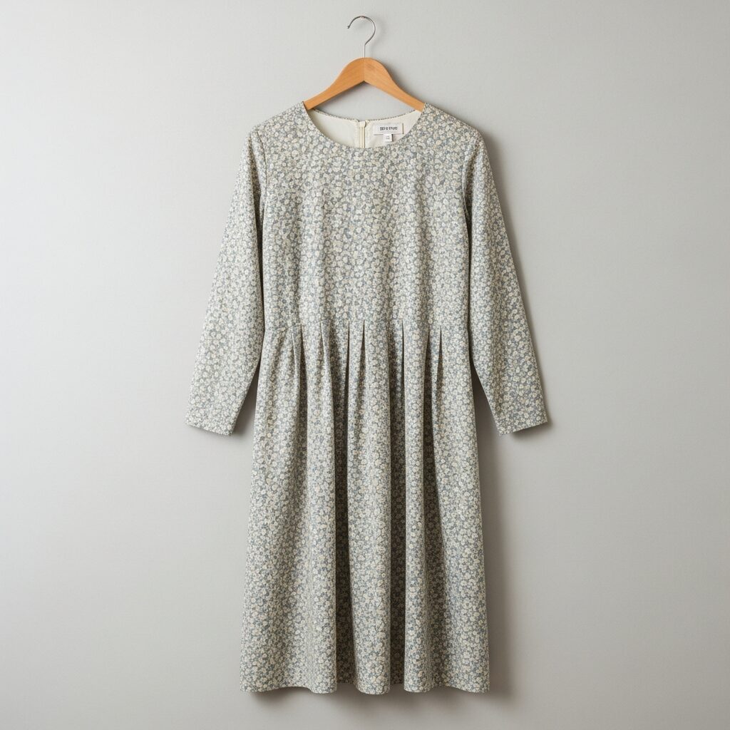 1920s day wear dress with modest neckline, longer sleeves, dropped waist, and simple fabric suitable for everyday activities