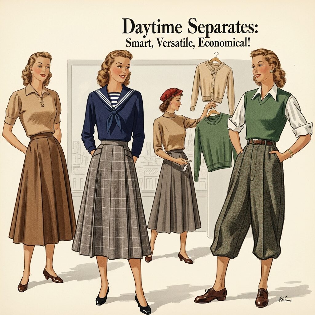 1920s daytime separates worn by women, featuring practical mix and match outfit pieces