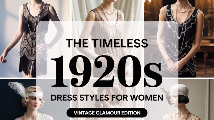 Woman wearing elegant beaded 1920s dress with fringe details in Art Deco setting