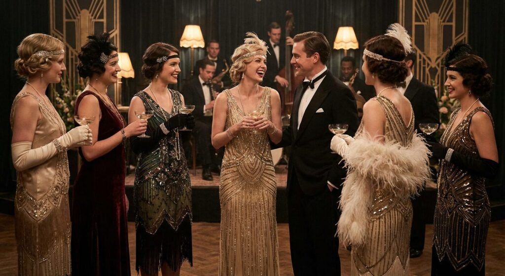 Elegant 1920s evening cocktail dress showcasing glamorous Roaring Twenties fashion