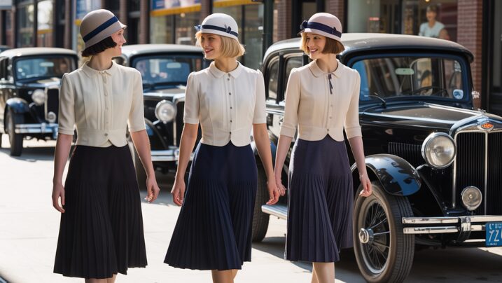 1920s everyday fashion showing women in casual middy tops and pleated skirts on a Chicago street