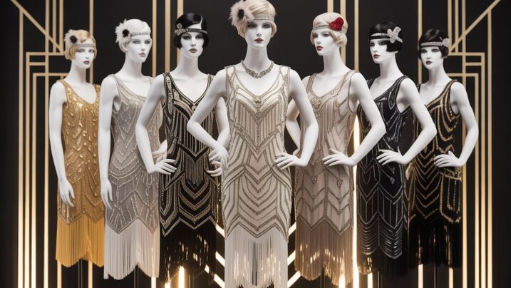 1920s fashion iconic dresses and silhouettes featuring beaded flapper dresses with Art Deco design elements