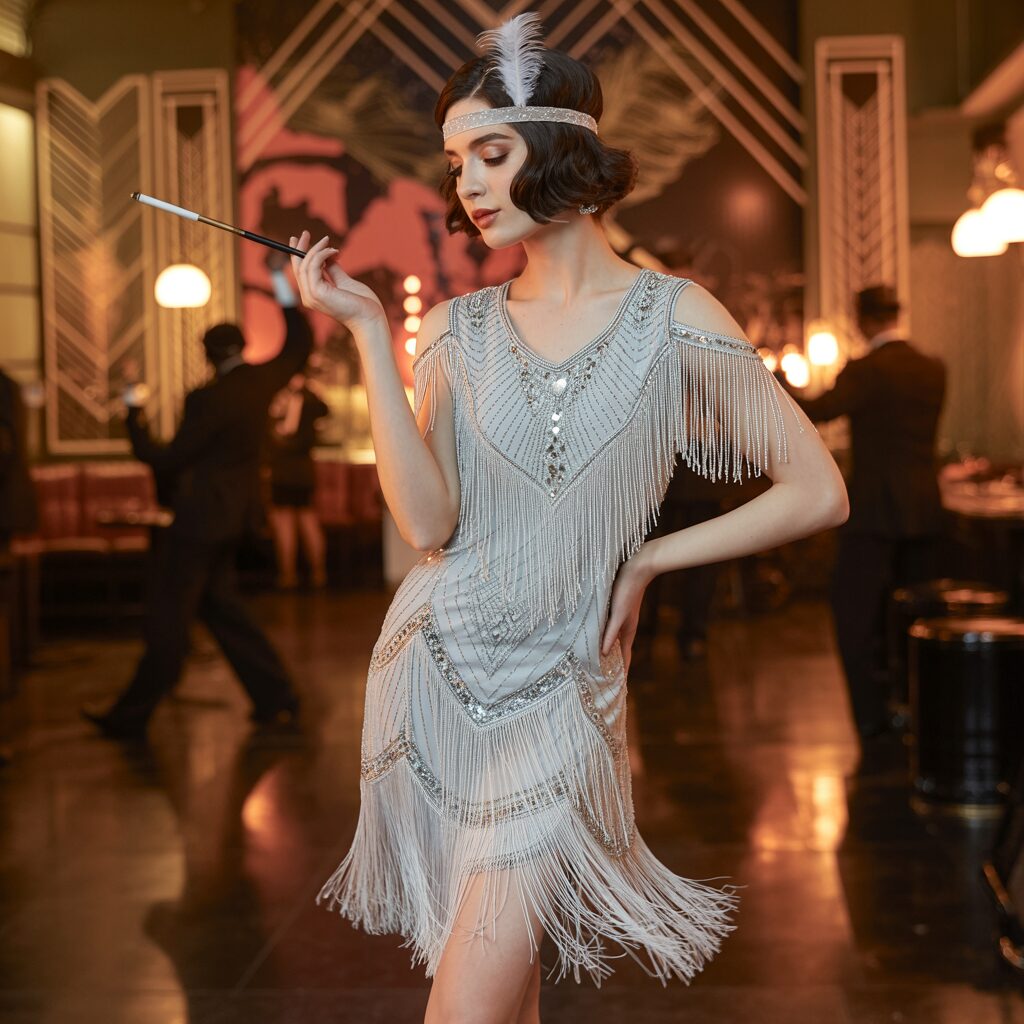 1920’s flapper style designs featuring vintage dresses, fringe details, and Art Deco fashion trends