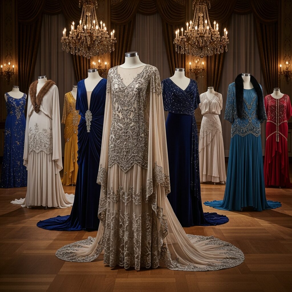 1920s formal evening gown with floor-length hemline, dropped waist, elaborate beadwork, and luxurious silk fabric