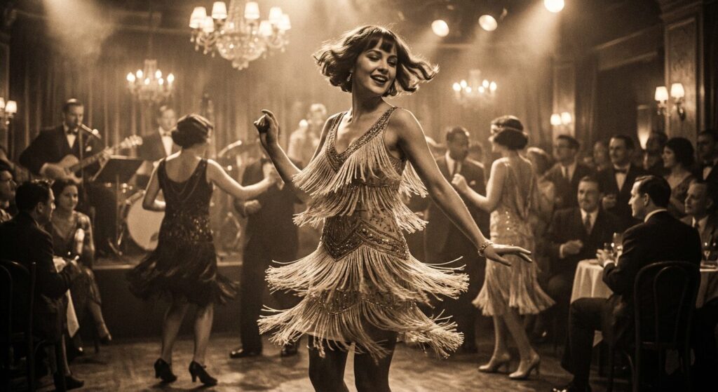 1920s fringe flapper dress designed to sway and sparkle during Charleston dancing