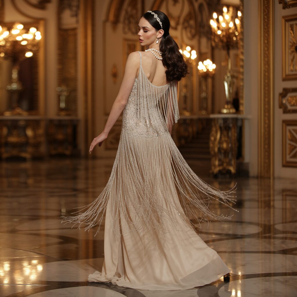 Glamorous 1920s evening wear styled with pearls, feather boas, and beaded headbands