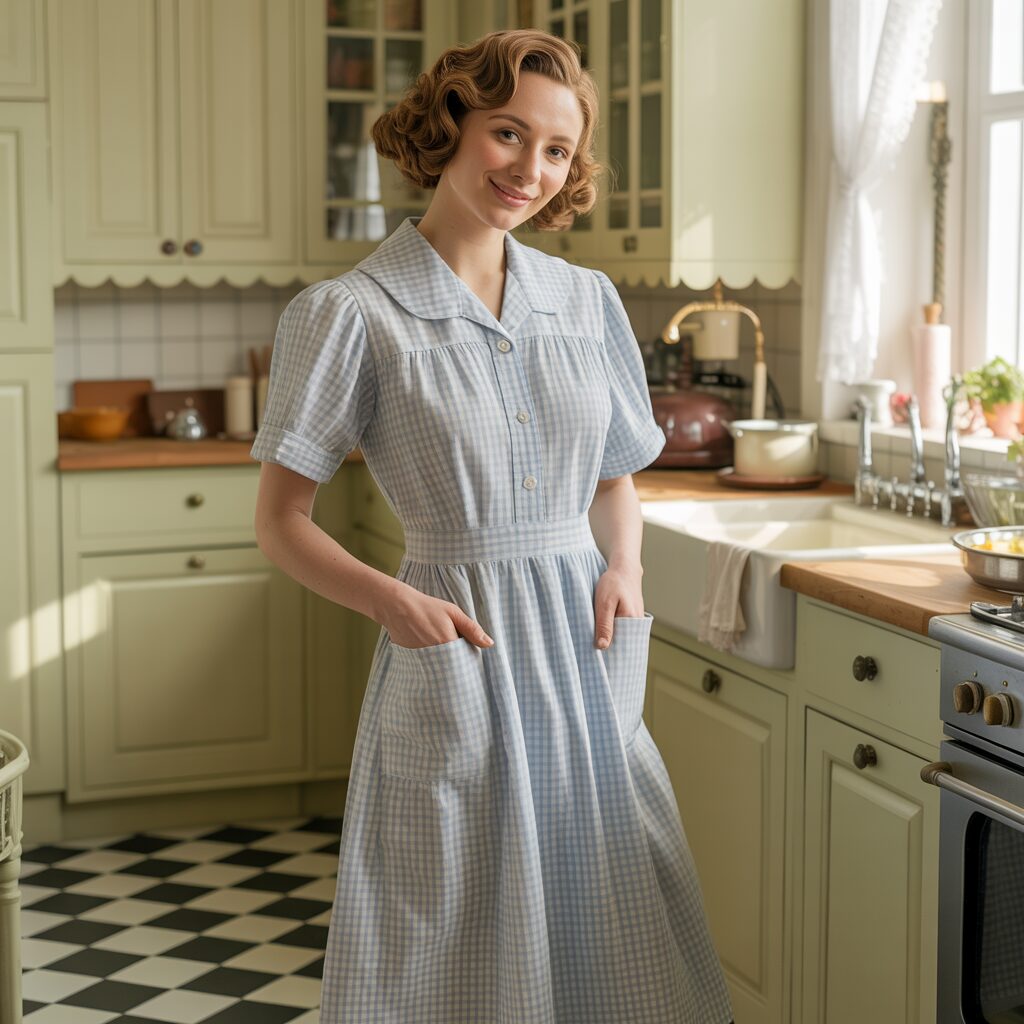 1920s house dress designed for daily wear with a comfortable loose fit and practical style