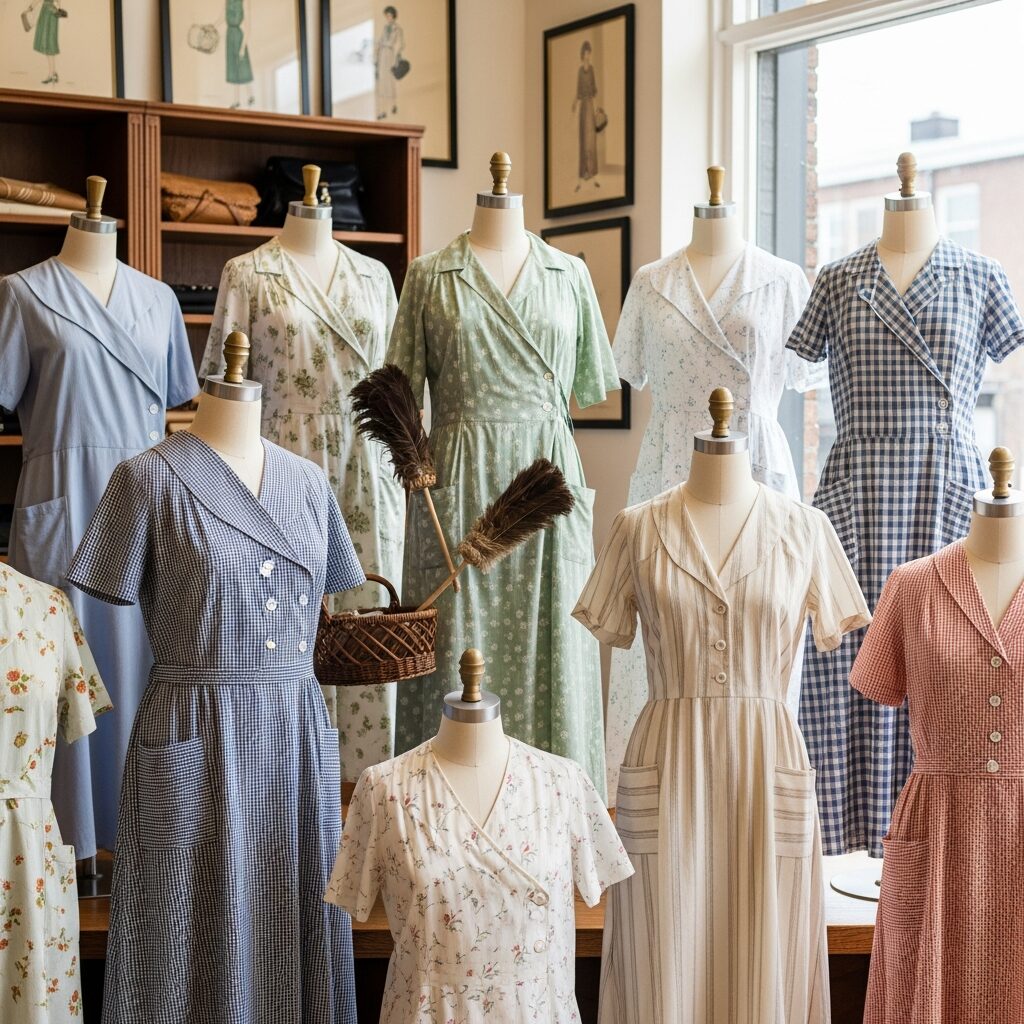 Practical 1920s house dress with pockets, ideal for domestic chores and everyday wear