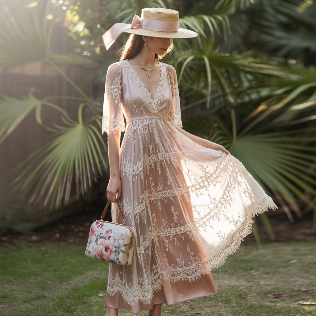 1920s lace tea dress with delicate lace overlay on silk, ideal for elegant afternoon gatherings