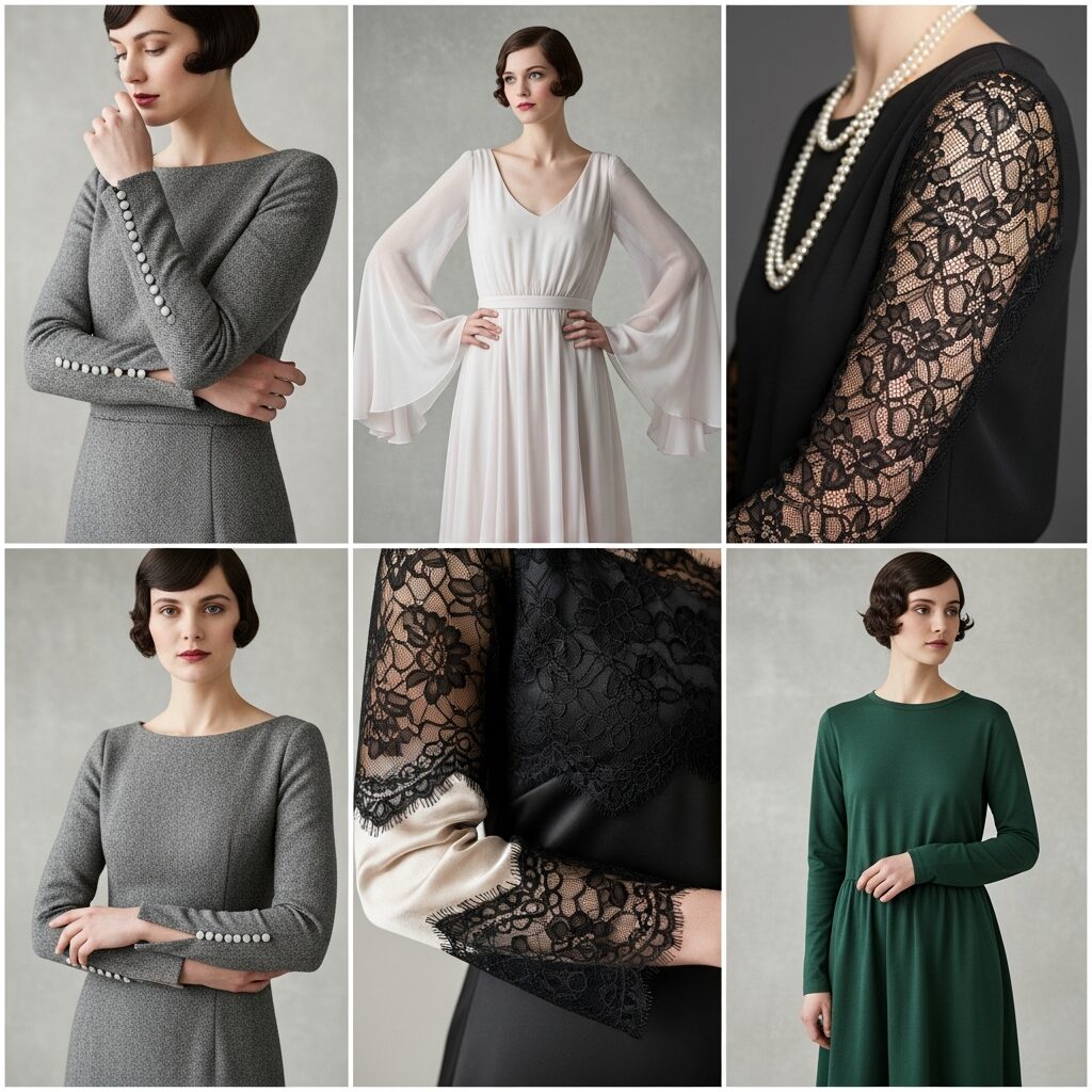 1920s long sleeve dress featuring fitted sleeves with button closures and a classic dropped waist silhouette
