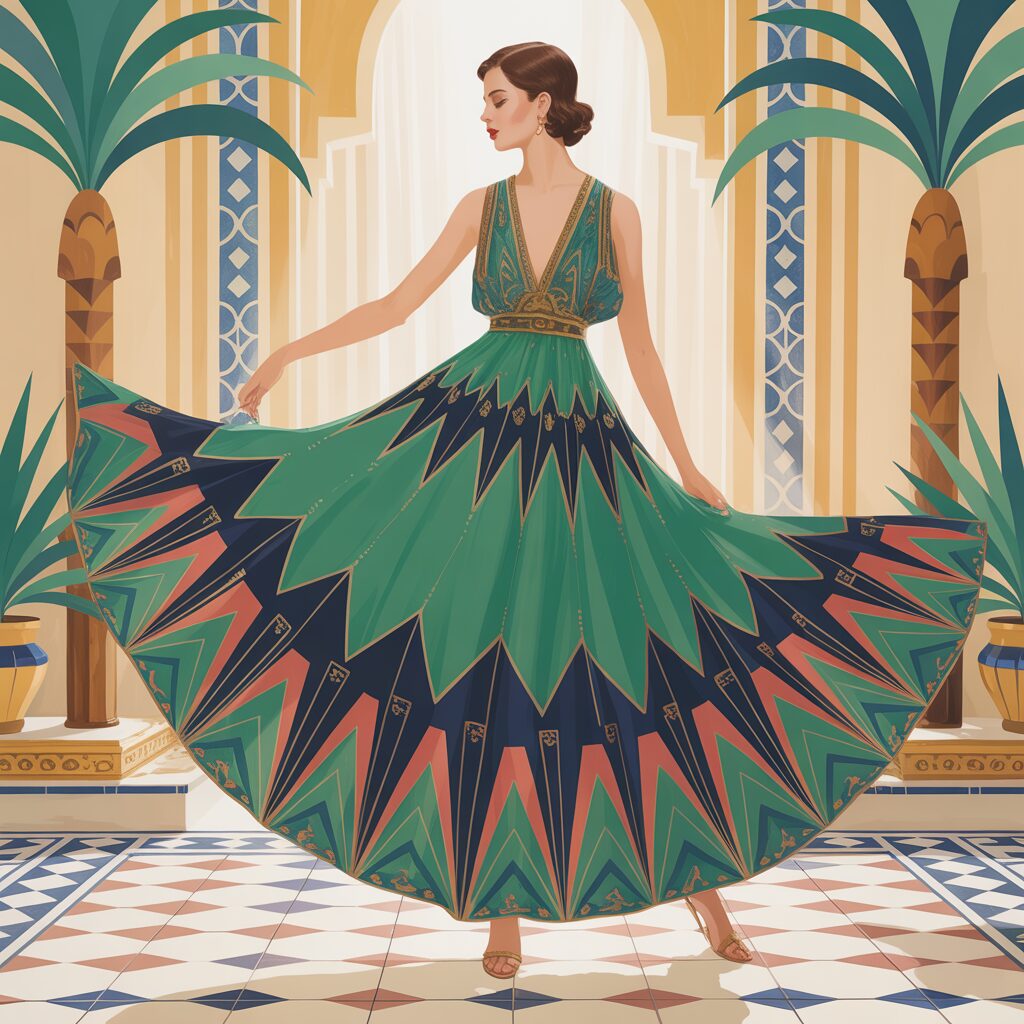 1920s printed day dress featuring bold Art Deco patterns, adding artistry to everyday fashion