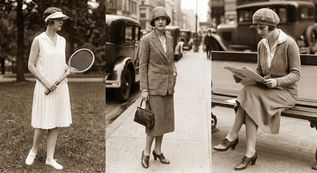 1920s sweater set women style with knitted cardigan and skirt