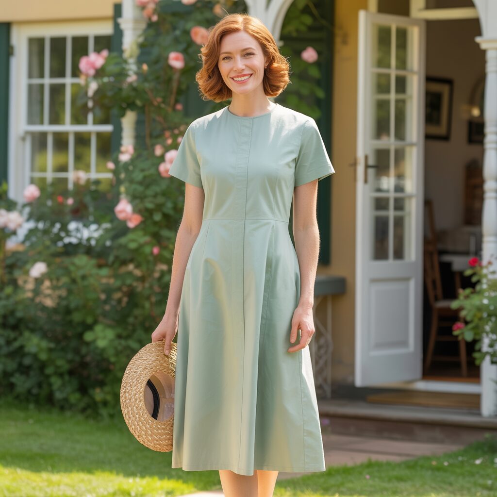 1920s knee-length tubular day dress featuring a simple round neckline and relaxed silhouette