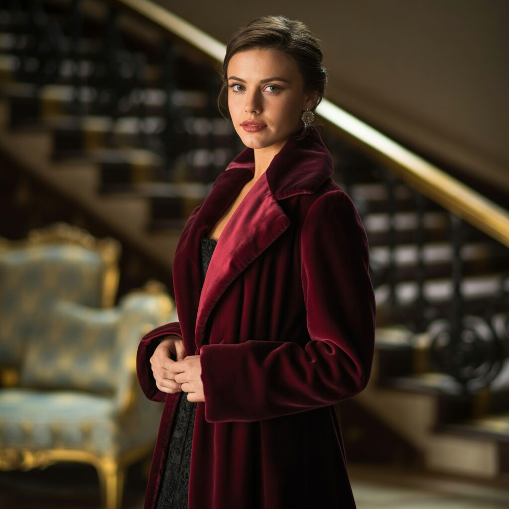 1920s velvet opera coat worn over evening dresses, adding luxury, drama, and warmth