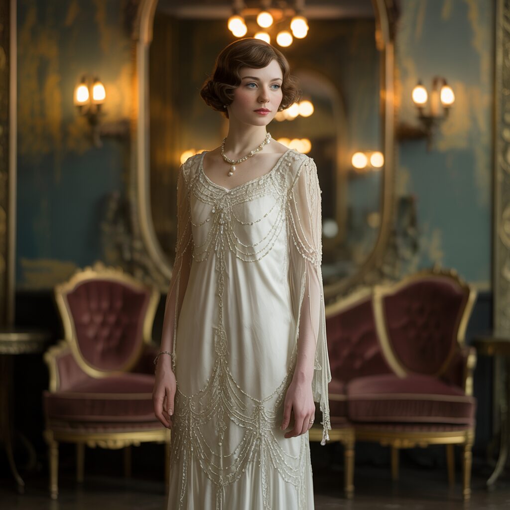 1920s wedding dress featuring vintage elegance, dropped waist silhouette, and timeless bridal charm