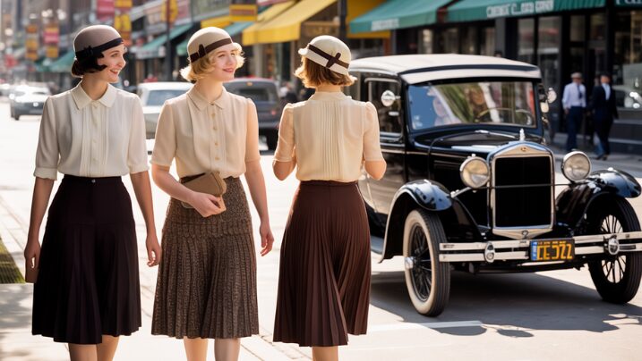 Three women in casual 1920s attire walking down a sunny city street in Chicago
