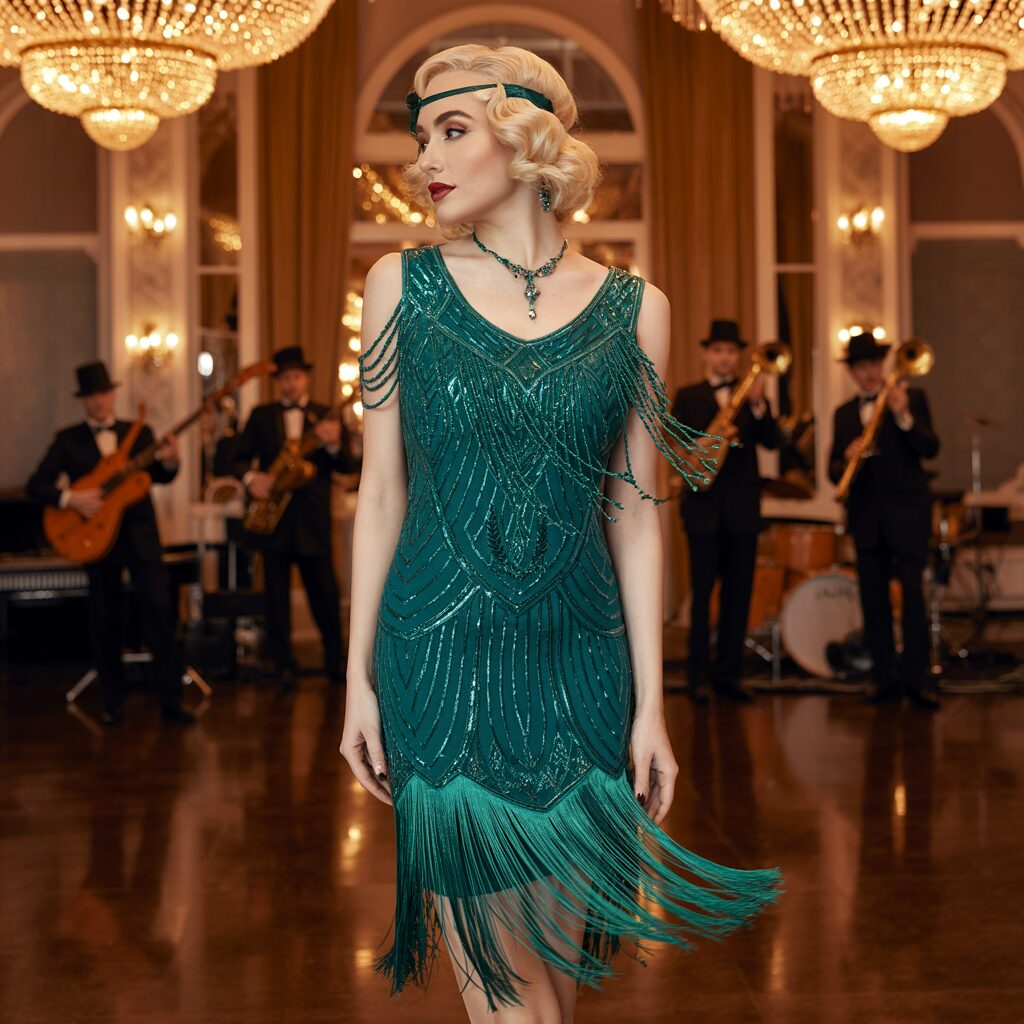 20s style cocktail party dress inspired by 1920s fashion with modern fit and elegant vintage glamour