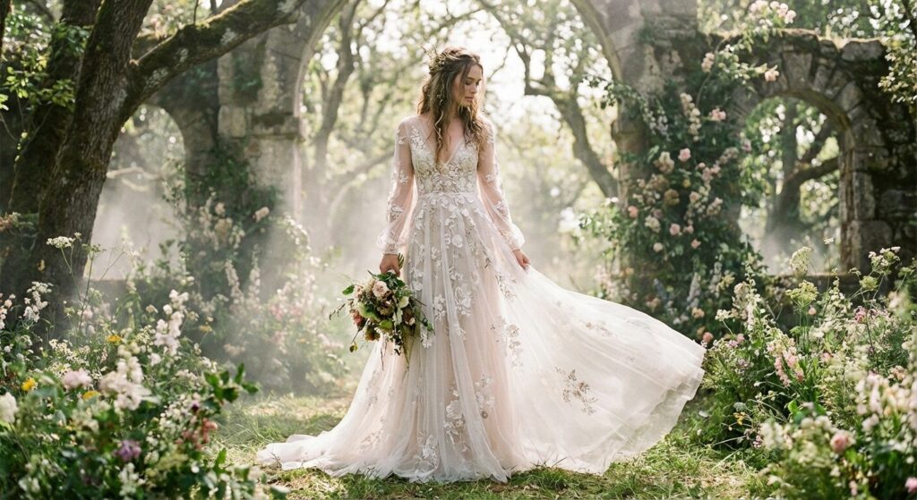 Bride wearing an Anthropologie wedding dress with intricate lace detailing in a natural garden setting.
