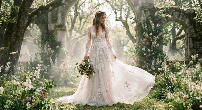 Bride wearing an Anthropologie wedding dress with intricate lace detailing in a natural garden setting.
