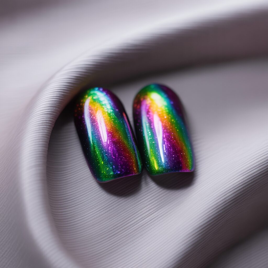 Bold cat eye nails in green, purple, and orange shades, magnetic shimmer effect